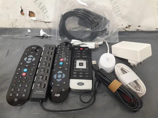 APPROXIMATELY 8 ASSORTED HOUSEHOLD ITEMS TO INCLUDE TV REMOTES, CABLES, ETC