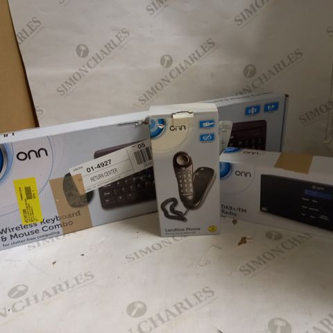 A BOX OF 9 ONN ITEMS TO INCLUDE WIRELESS KEYBOARD AND MOUSE COMBO, LANDLINE PHONE AND DAB+/FM RADIO