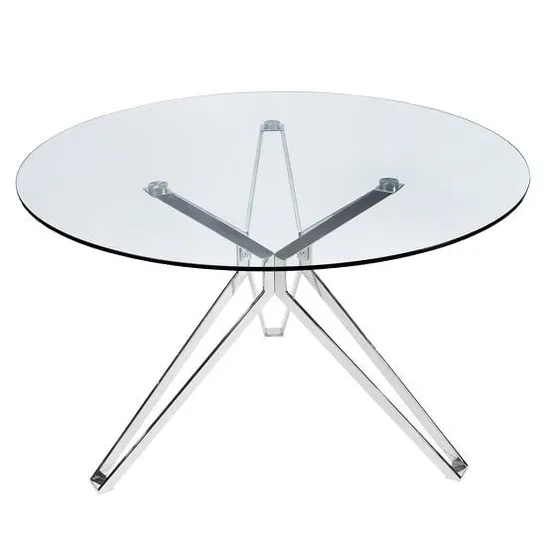 BOXED TOULOUSE GLASS DINING TABLE ROUND IN CLEAR WITH CHROME LEGS (2 BOXES)