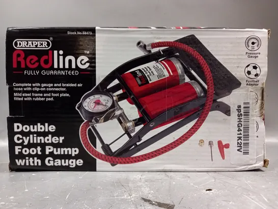 BOXED REDLINE DOUBLE CYLINDER FOOT PUMP WITH GAUGE