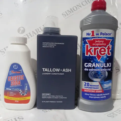 APPROXIMATELY 10 ASSORTED HOUSEHOLD ITEMS TO INCLUDE TALLOW + ASH LAUNDRY CONDITIONER, CAUSTIC SODA, ETC