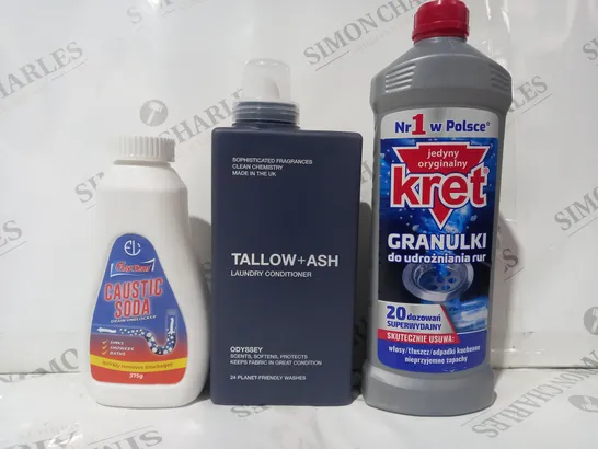 APPROXIMATELY 10 ASSORTED HOUSEHOLD ITEMS TO INCLUDE TALLOW + ASH LAUNDRY CONDITIONER, CAUSTIC SODA, ETC