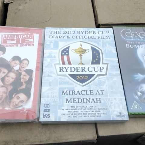 PALLET OF APPROXIMATELY 3000 NEW DVDS INCLUDING AMERICAN PIE ULTIMATE EDITION, RIDER CUP 2012 MIRACLE AT MEDINAH, CASPER THE FRIENDLY GHOST BUMPER SPECIAL