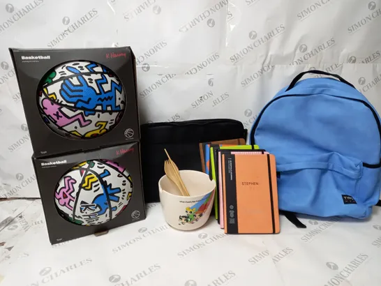 APPROXIMATELY 10 ASSORTED TYPO ITEMS TO INCLUDE KEITH HARING BASKETBALL SIZE 7, A5 JOURNAL, CORE LAPTOP BAG 13 INCH, BACKPACK ETC. 