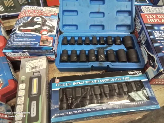 BOX CONTAINING LARGE AMOUNT OF MIXED TOOLS TO INCLUDE: 12V DIGITAL TYRE INFLATOR, STAR KEY SET, PROFESSIONAL TORX SOCKET SET, RECHARGEABLE HEADLAMP, HELMET, SOLDERING IRON ETC,