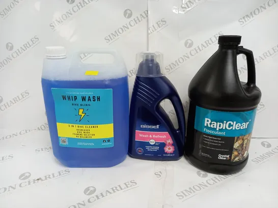 BOX OF 3 ASSORTED ITEMS TO INCLUDE - WHIP WASH - BISSELL WASH & REFRESH - RAPICLEAR FLOCULANT 