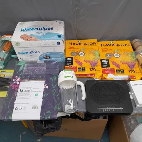 BOX OF APPROXIMATELY 15 ASSORTED HOUSEHOLD ITEMS TO INCLUDE NAVIGATOR PAPER, WATERWIPES, AND SIMPLE MORNING TEA MUG ETC. 