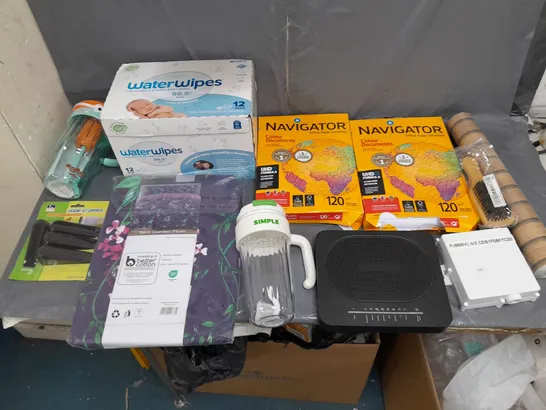 BOX OF APPROXIMATELY 15 ASSORTED HOUSEHOLD ITEMS TO INCLUDE NAVIGATOR PAPER, WATERWIPES, AND SIMPLE MORNING TEA MUG ETC. 