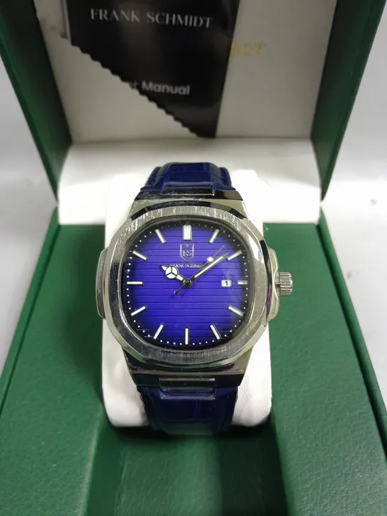 BOXED FRANK SCHMIDT WATCH 3ATM WATER RESISTANT BLUE DIAL WATCH WITH NAVY STRAP 