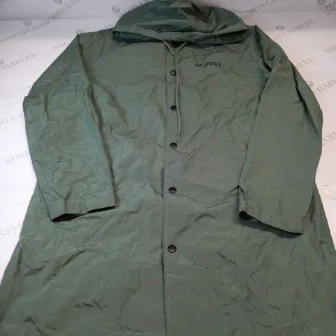 STUSSY BUTTON FRONT RAINCOAT IN KHAKI GREEN SIZE SMALL