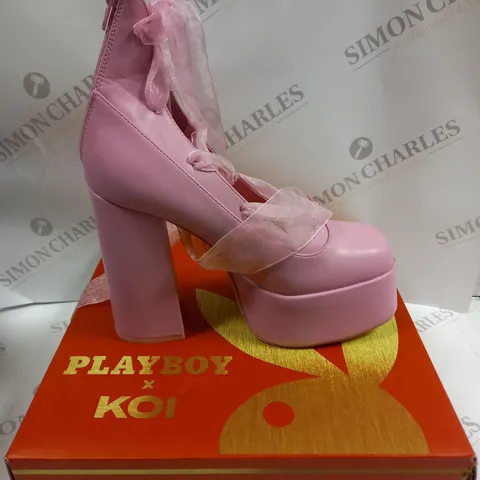 BOXED KOI FOOTWEAR PLAYBOY INFIDELITY PINK LACE UP HEELED BOOTS - 6