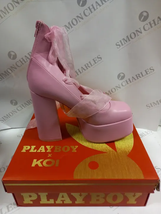 BOXED KOI FOOTWEAR PLAYBOY INFIDELITY PINK LACE UP HEELED BOOTS - 6