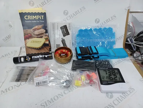 LOT OF HOUSEHOLD ITEMS TO INCLUDE CRIMPITS, LOCK AND KEY, ETC