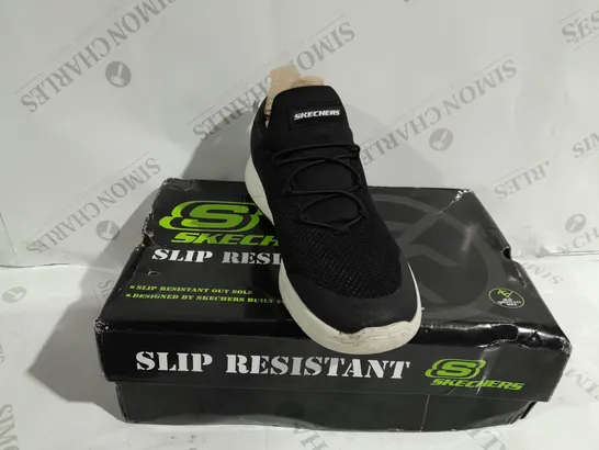 BOXED PAIR OF SKECHERS SLIP RESISTANT WORK TRAINERS IN BLACK - SIZE 5