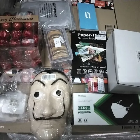 PALLET OF ASSORTED ITEMS INCLUDING SCREEN PROTECTORS, FILTERING BALF MASK, CHRISTMAS BAUBLES, 7.5M COHESIVE BANDAGE, INDIAN JEWELLERY SET, MONEY HEIST MASK