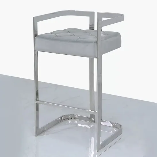 BOXED ISIDO 60CM STAINLESS STEEL BAR STOOL WITH GREY VELVET SEAT