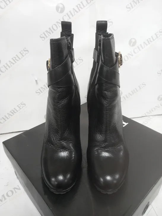 DUNE LONDON BLACK LEATHER ELASTICATED BUKLE HEEL BOOT SIZE 7