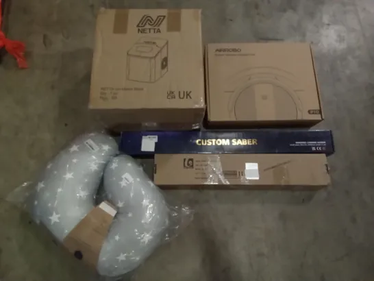 PALLET OF ASSORTED ITEMS INCLUDING NETTA ICE MAKER BLACK, AIRROBO ROBOT VACUUM CLEANER, CUSTOM SABER, ARTIC LED LIGHTS, MY INTERNATIONAL NURSING PILLOW  