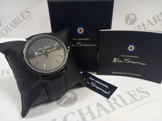 BOXED BEN SHERMAN STAINLESS STEEL BACK WATCH WITH BLACK LEATHER STRAP