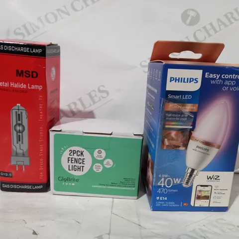 LOT OF APPROXIMATELY 10 ASSORTED HOUSEHOLD ITEMS TO INCLUDE PHILIPS SMART LED BULB, 2PCK FENCE LIGHT, MSD METAL HALIDE GAS DISCHARGE LAMP, ETC