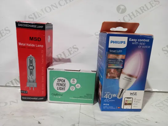 LOT OF APPROXIMATELY 10 ASSORTED HOUSEHOLD ITEMS TO INCLUDE PHILIPS SMART LED BULB, 2PCK FENCE LIGHT, MSD METAL HALIDE GAS DISCHARGE LAMP, ETC