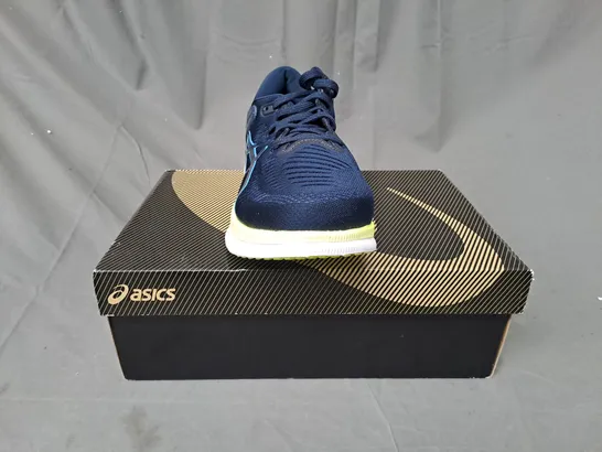 BOXED PAIR OF ASICS METARIDE RUNNING SHOES IN BLUE/LIME UK SIZE 10