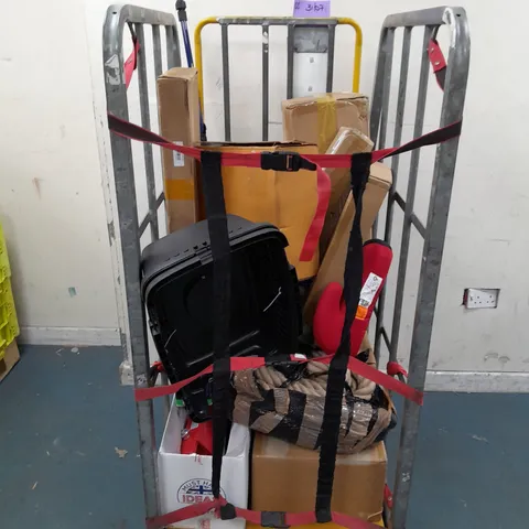 CAGE OF ASSORTED HOUSEHOLD ITEMS TO INCLUDE PET CARRIER, MONITOR STAND, CHILDRENS CAR SEAT, DRYING RACK, AND SMART MOONLIGHT ETC. 