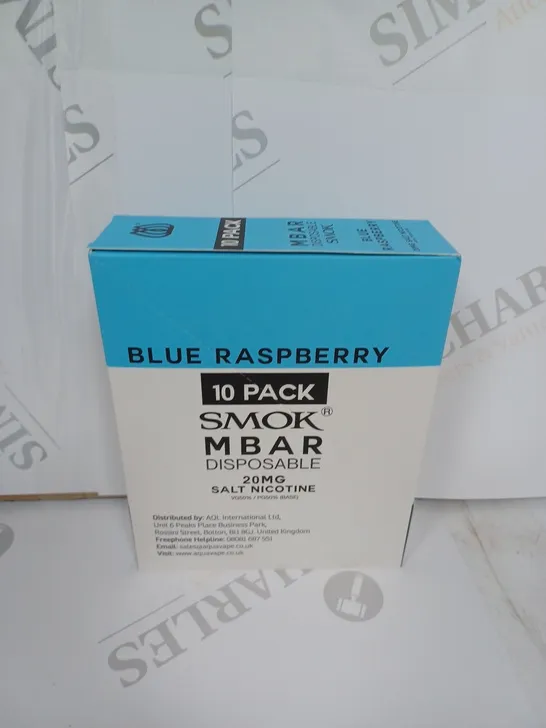 BOX OF APPROXIMATELY 10 BOXES OF BLUE RASPBERRY 10 PACK SMOK M BAR DISPOSABLE 20MG SALT NICOTINE