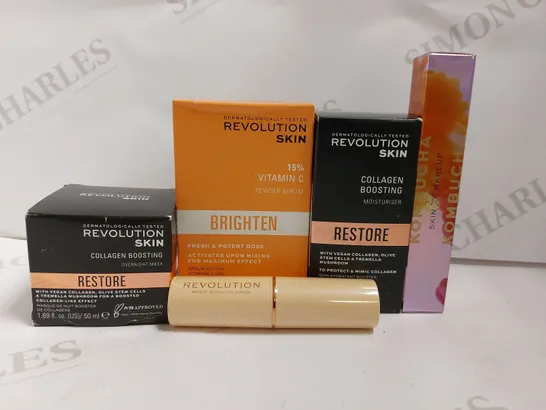 BOX OF APPROX 5 REVOLUTION ITEMS TO INCLUDE COLLAGEN BOOSTING MOISTURISER, VITAMIN C SERUM AND COLLAGEN BOOSTING OVER NIGHT MASK