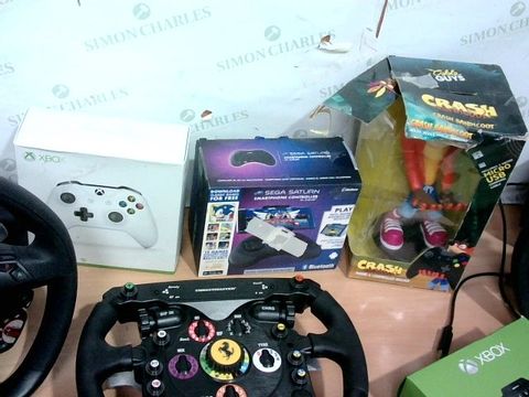 LOT OF 8 ASSORTED VIDEO GAMES & CONSOLE ITEMS TO INCLUDE THRUSTMASTER STEERING WHEELS, XBOX CONTROLLER, XBOX CHATPAD ETC.
