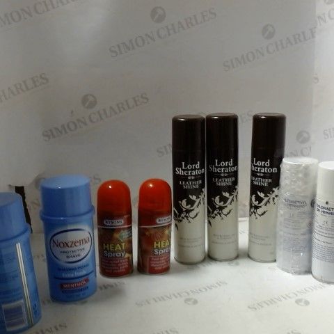 LOT OF ASSORTED ITEMS TO INCLUDE; SHAVE FOAM, LEATHER SHINE, HEAT SPRAY ETC