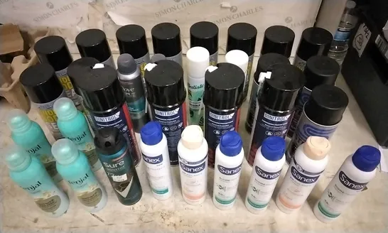 2 TOTES OF ASSORTED AEROSOLS INCLUDING DEODORANT, SHOWER MOUSSE, UNDER BODY SEAL, CORROSION PROTECTION, DRY SHAMPOO AND STAINLESS STEEL IN A CAN