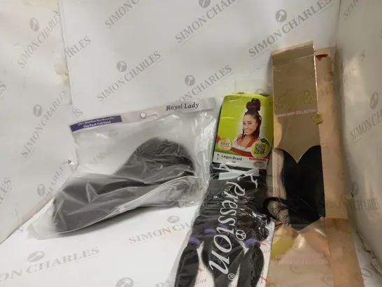 BOX OF APPROX 10 ASSORTED HEALTH AND BEAUTY ITEMS TO INCLUDE - RIRI LUXURY HUMAN HAIR WRAP AROUND PONYTAIL - ROYAL LADY BRAZILIAN REMI HUMAN HAIR - X-PRESSION LARGOS BRAID 1B ECT 