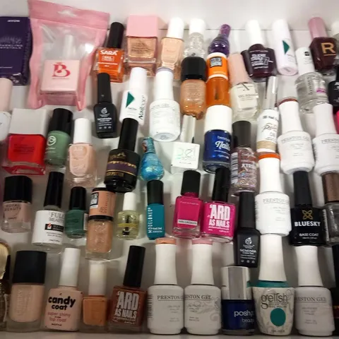 APPROXIMATELY 90 ASSORTED NAIL VARNISH/GELS TO INCLUDE; BEAUTY UK, PRESTON GEL, ROYAL BEAUTY, NO 7, BEETLES AND CHEEKY