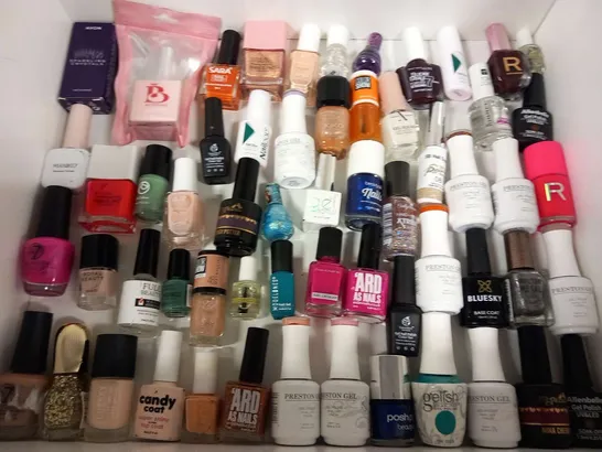 APPROXIMATELY 90 ASSORTED NAIL VARNISH/GELS TO INCLUDE; BEAUTY UK, PRESTON GEL, ROYAL BEAUTY, NO 7, BEETLES AND CHEEKY