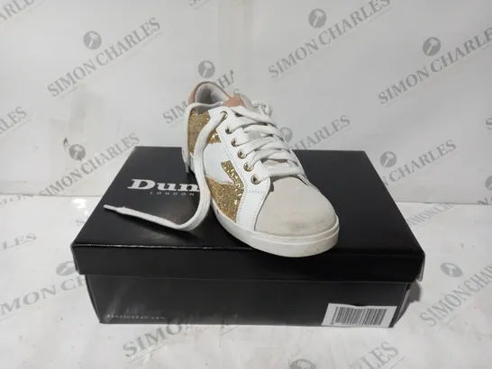 BOXED PAIR OF DUNE LONDON ENERGISED LIGHTNING BOLT TRAINERS IN WHITE/GOLD UK SIZE 4