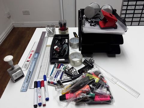 ASSORTED STATIONARY ITEMS TO INCLUDE: PAPERWORK TRAY, RULERS, CLIPS ETC 