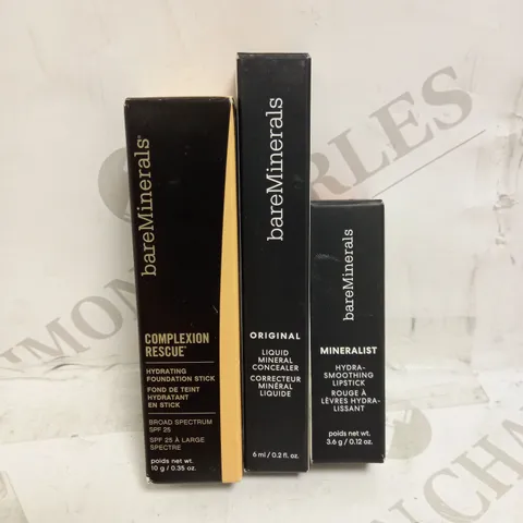 LOT OF 3 ASSORTED BAREMINERALS PRODUCTS TO INCLUDE COMPLEXION RESCUE HYDRATING FOUNDATION STICK - BUTTERCREAM 03, ORIGINAL LIQUID MINERAL CONCEALER - MED/TAN 3.5N, HYDRA-SMOOTHING LIPSTICK - INSIGHT 