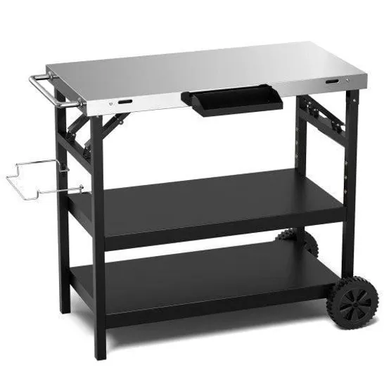 BOXED 3 TIER FOLDABLE STAINLESS OUTDOOR CART WITH 2 WHEELS - BLACK