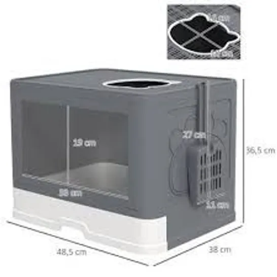 BOXED PAWHUT ENCLOSED CAT LITTER BOX WITH LID, FRONT ENTRY, TOP EXIT, DRAWER, TRAY, SCOOP, BRUSH, 48.5 X 38 X 36.5CM - GREY