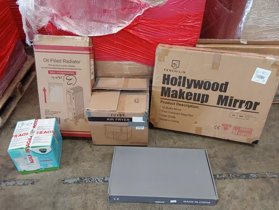 PALLET OF ASSORTED ITEMS INCLUDING: AIR FRYER, OIL FILLED RADIATOR, VICKS ULTRASONIC HUMIDIFIER, HOLLYWOOD MAKEUP MIRROR, SHOWER MIXER SET