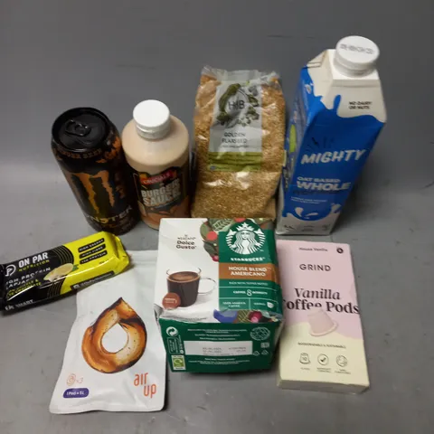 APPROXIMATELY 10 ASSORTED FOOD/DRINK PRODUCTS TO INCLUDE MIGHTY OAT MILK, GRIND COFFEE, ON PAR PROTEIN BARS ETC - COLLECTION ONLY 