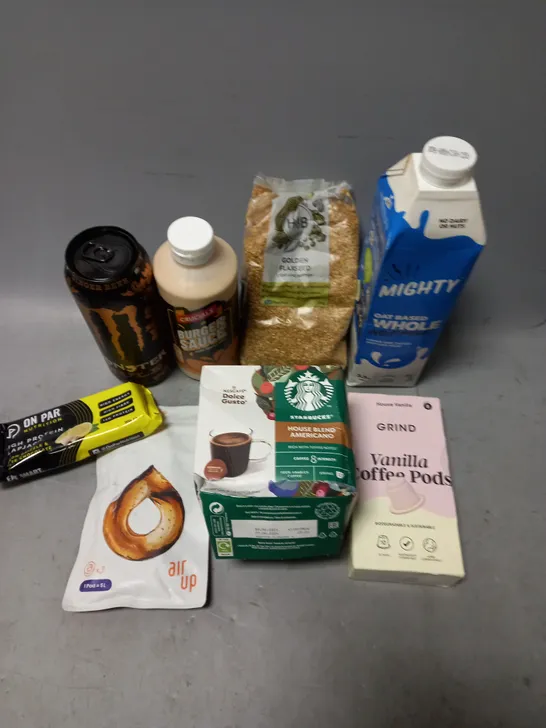 APPROXIMATELY 10 ASSORTED FOOD/DRINK PRODUCTS TO INCLUDE MIGHTY OAT MILK, GRIND COFFEE, ON PAR PROTEIN BARS ETC - COLLECTION ONLY 