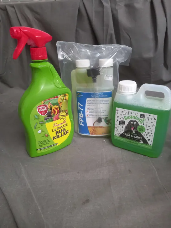 LOT OF 3 CLEANING PRODUCTS TO INCLUDE PROVANTO ULTIMATE BUG KILLER, BUGALUGS ARTIFICIAL GRASS CLEANER AND HYDRA FUEL BUG TREATMENT - COLLECTION ONLY