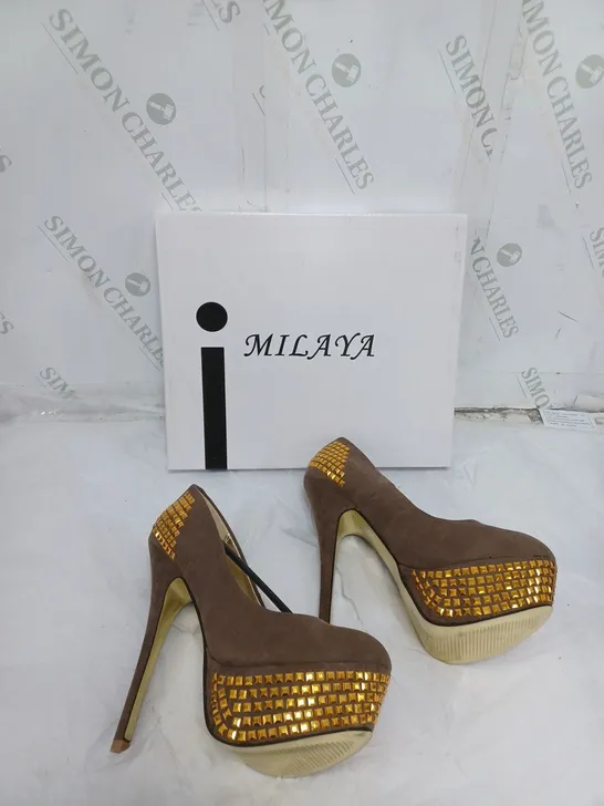 LARGE BOX OF APPROXIMATELY 10 BOXED MILAYA BROWN STILT HEELS JEWELLED IN VARIOUS SIZES 