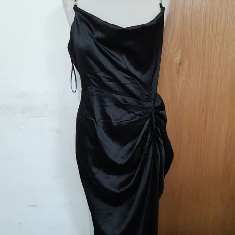 QUIZ SATIN RUCHED MAXI DRESS IN BLACK WITH GOLD CHAIN STRAPS SIZE 14