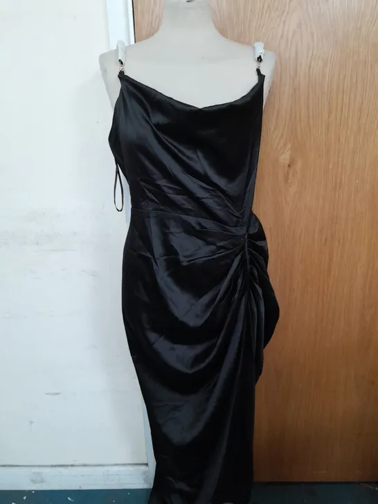 QUIZ SATIN RUCHED MAXI DRESS IN BLACK WITH GOLD CHAIN STRAPS SIZE 14 RRP £44.99