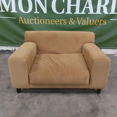 LARGE DESIGNER FABRIC UPHOLSTERED LOVESEAT - OCHRE