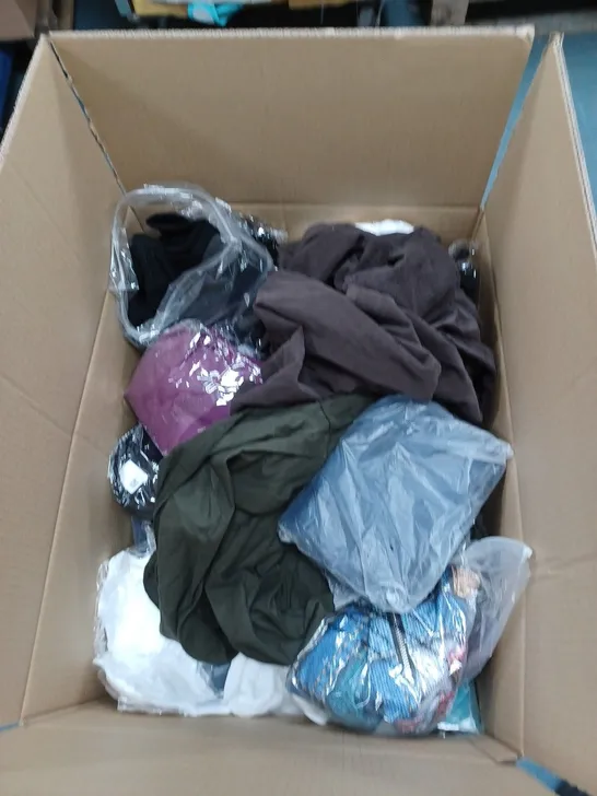 BOX OF ASSORTED CLOTHING TO INCLUDE TOPS, JUMPERS AND BRAS 