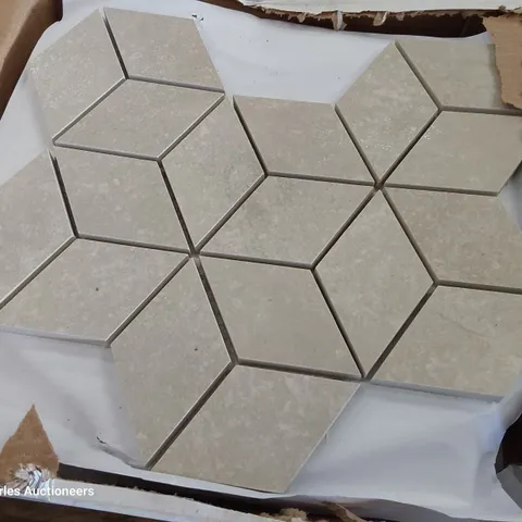 TWO BOXES EACH CONTAINING 10 FASHION STONE BEIGE LAPPATO RHOMBOID MOSAIC TILES EACH 25.5 × 29.5cm